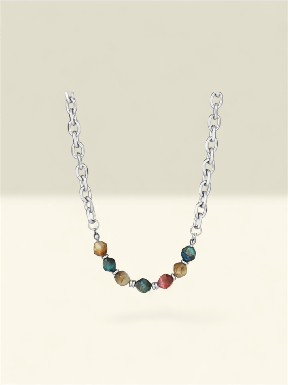 Multi-Color Beaded Silver Chain Necklace